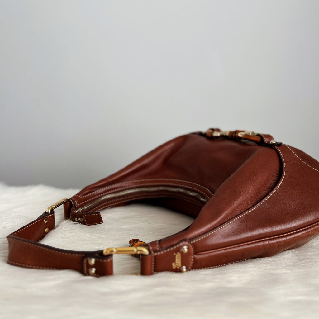 Gucci Caramel Leather Signature Horsebit Bamboo Shoulder Bag