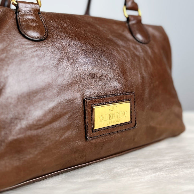 Valentino Brown Leather Signature Rose Boston Shoulder Bag