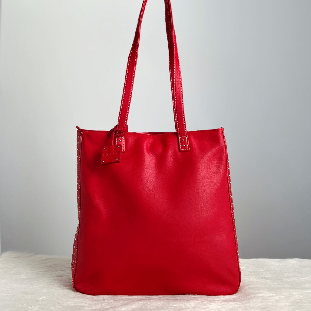 Ralph Lauren Red Leather Side Studded Detail Shoulder Bag