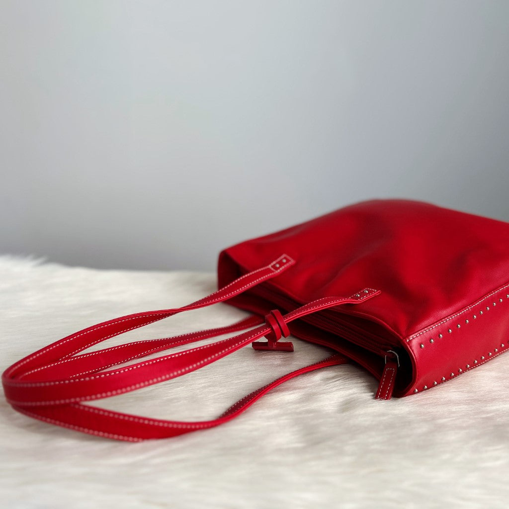 Ralph Lauren Red Leather Side Studded Detail Shoulder Bag