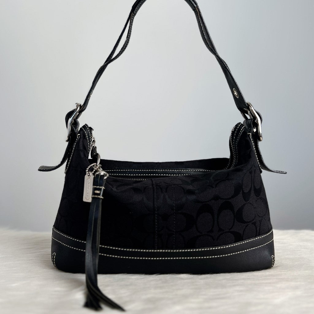 Coach Black Signature Monogram Tassel Charm Shoulder Bag