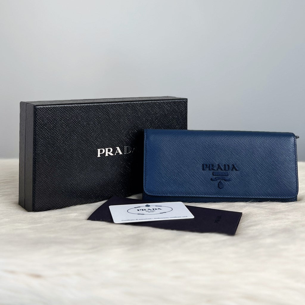 Prada Navy Leather Front Logo Unisex Long Wallet Excellent