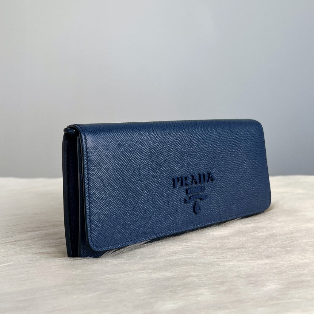 Prada Navy Leather Front Logo Unisex Long Wallet Excellent