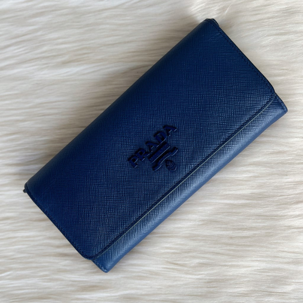 Prada Navy Leather Front Logo Unisex Long Wallet Excellent