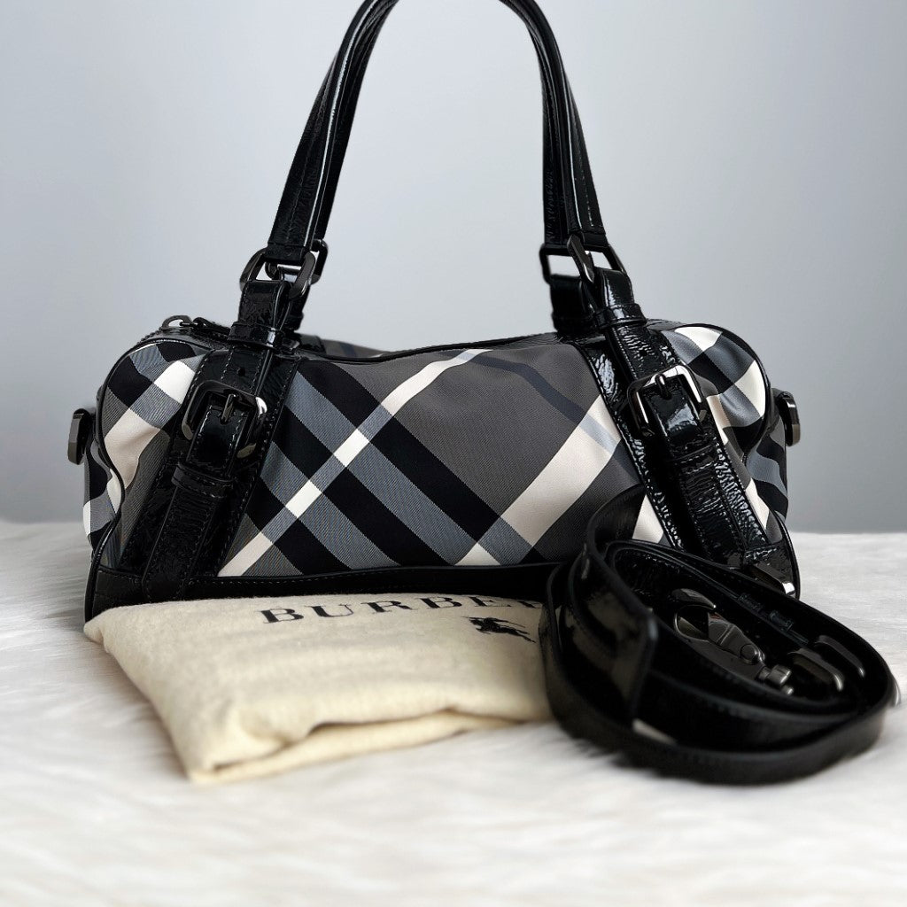 Burberry Patent Black Classic Check Pattern 2 Way Shoulder Bag Excellent