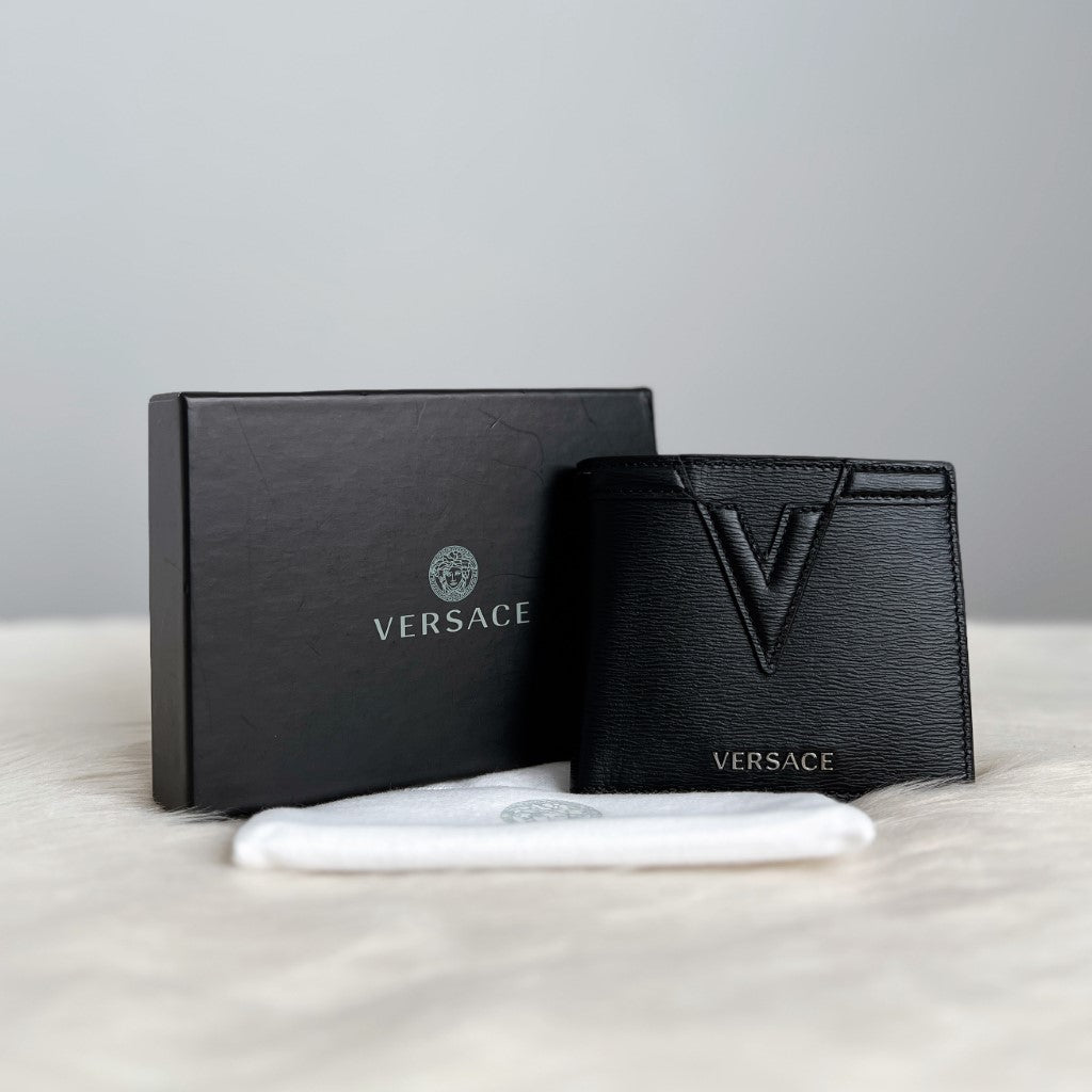 Versace Black Leather Signature V Short Wallet Like New