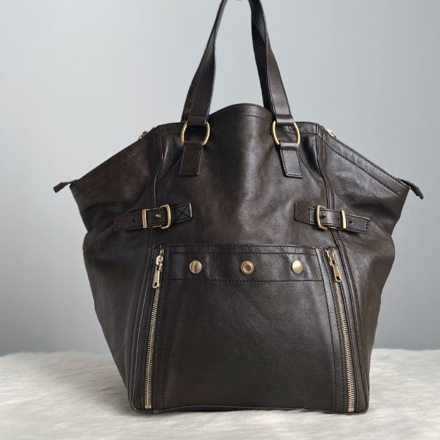 Yves Saint Laurent Dark Olive Leather Oversized Downtown Shoulder Bag