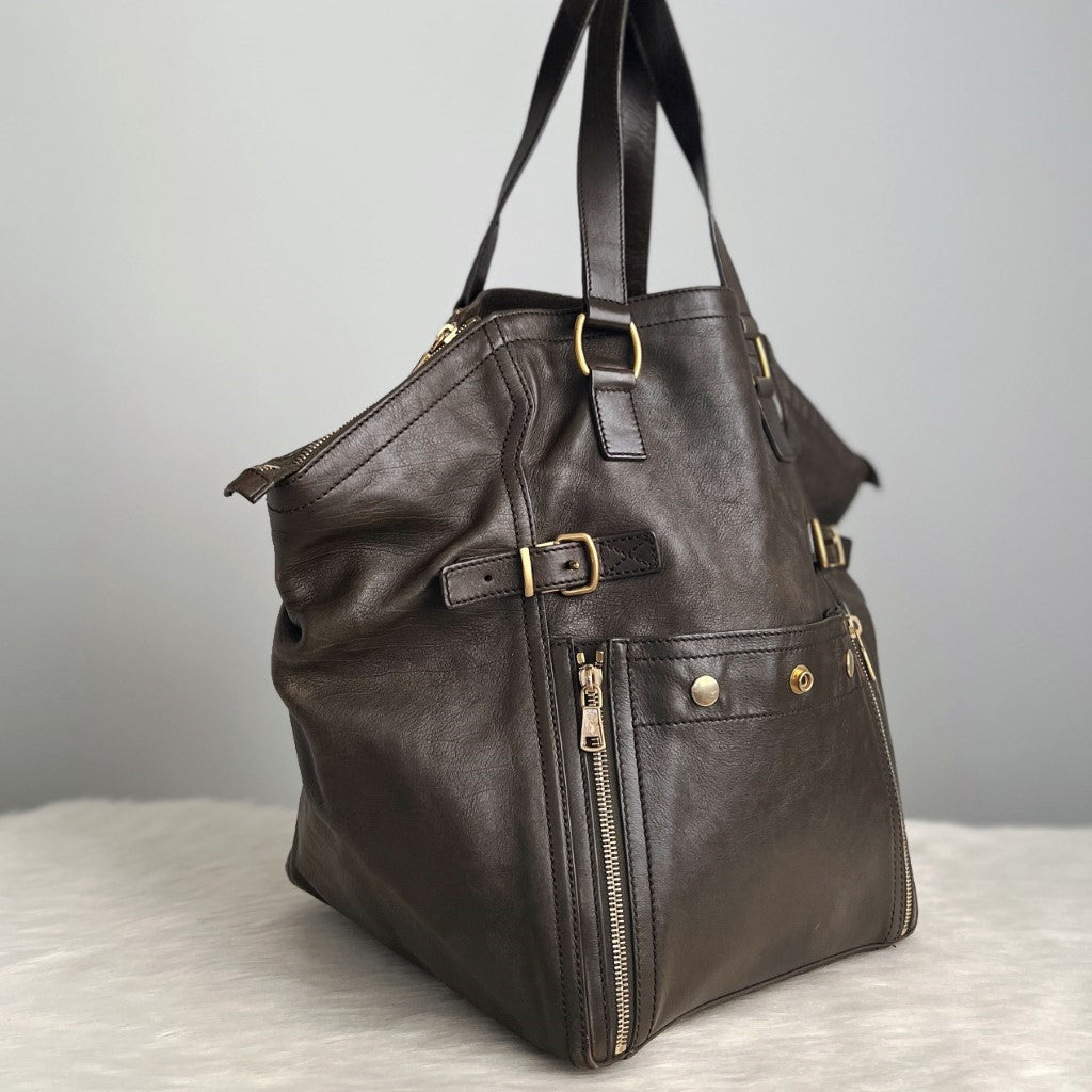 Yves Saint Laurent Dark Olive Leather Oversized Downtown Shoulder Bag