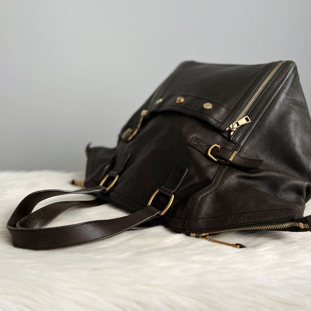 Yves Saint Laurent Dark Olive Leather Oversized Downtown Shoulder Bag