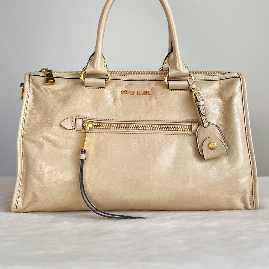 Miu Miu Beige Leather Charm Detail Career Tote Bag