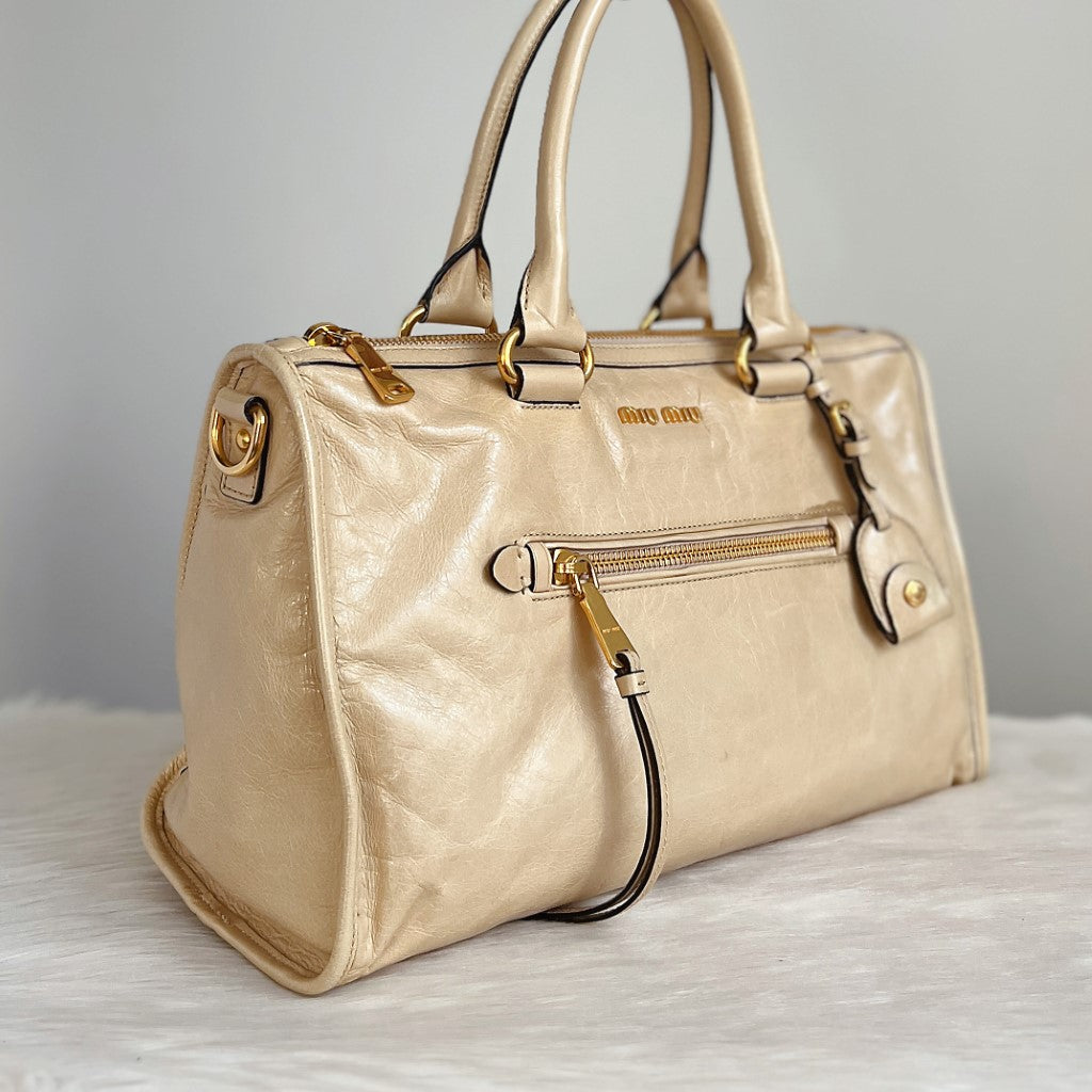 Miu Miu Beige Leather Charm Detail Career Tote Bag