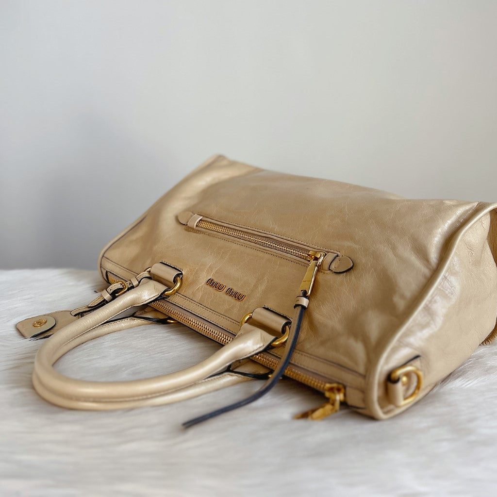 Miu Miu Beige Leather Charm Detail Career Tote Bag