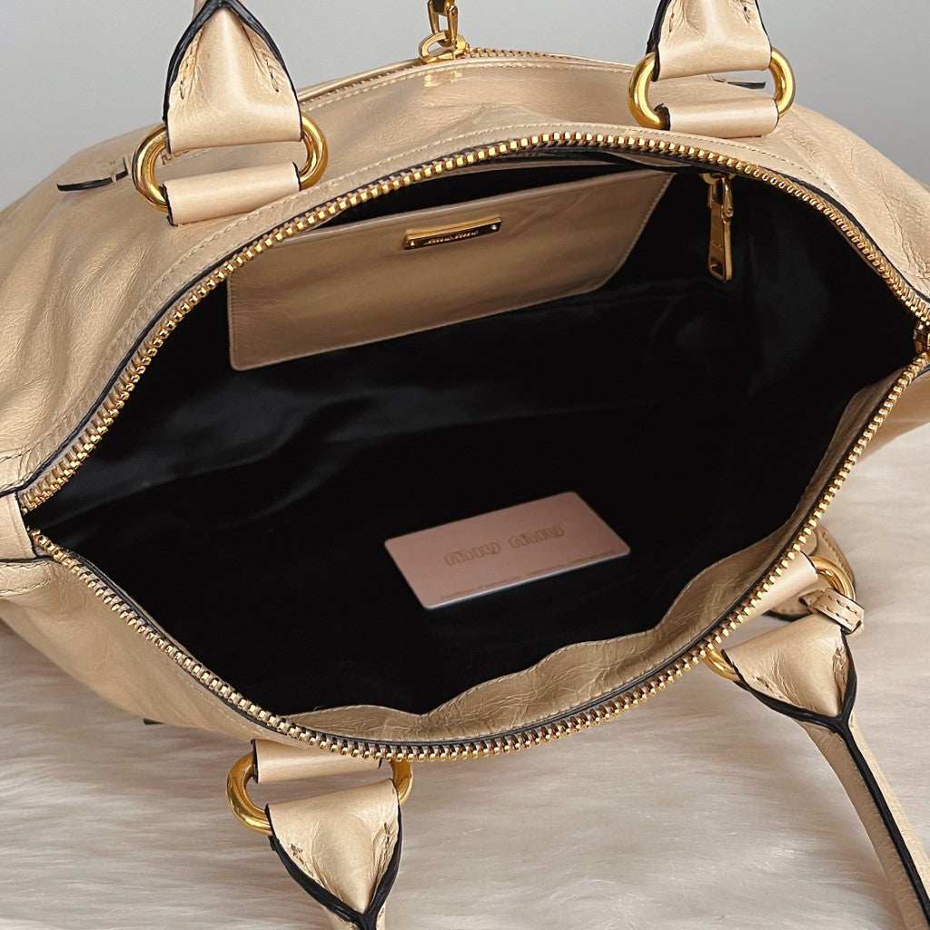 Miu Miu Beige Leather Charm Detail Career Tote Bag