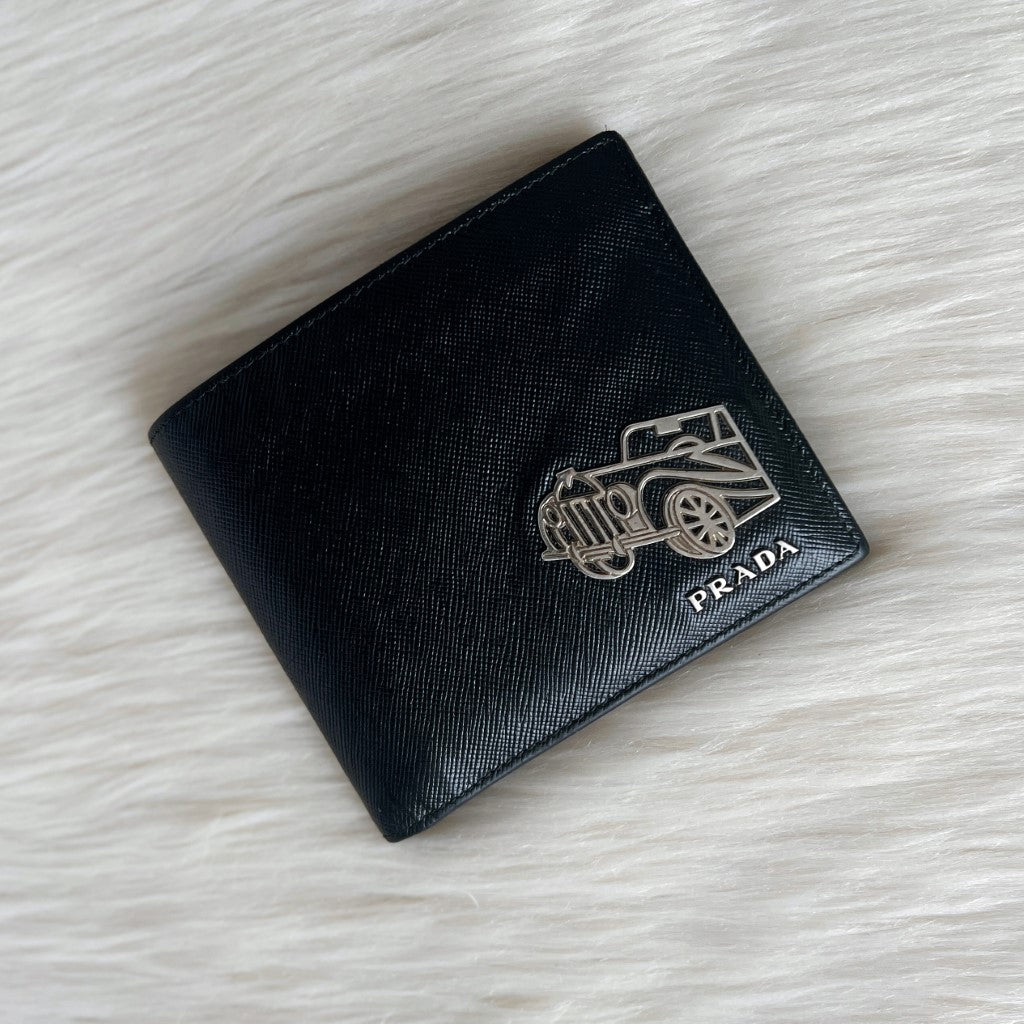 Prada Black Leather Funky Logo Unisex Short Fold Wallet