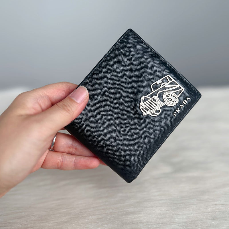 Prada Black Leather Funky Logo Unisex Short Fold Wallet