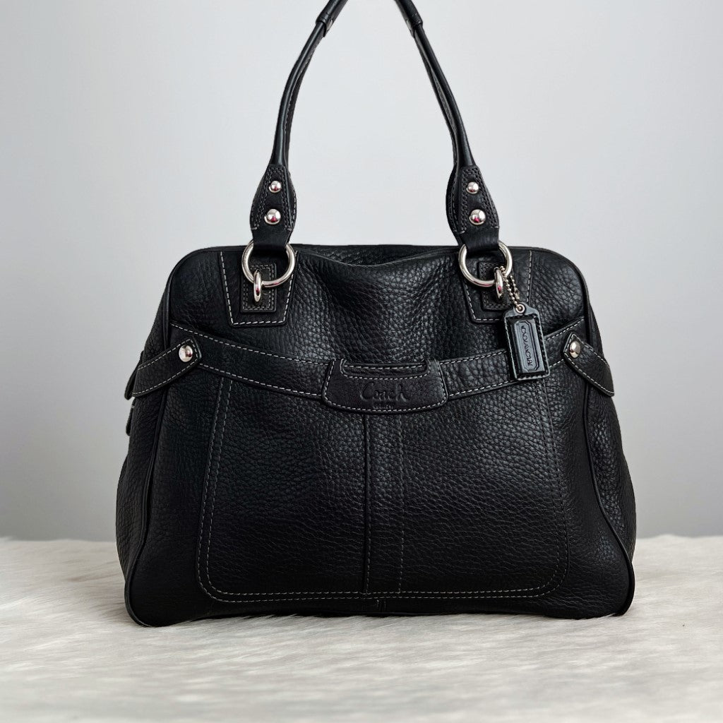 Coach Black Leather Front Logo Career Shoulder Bag