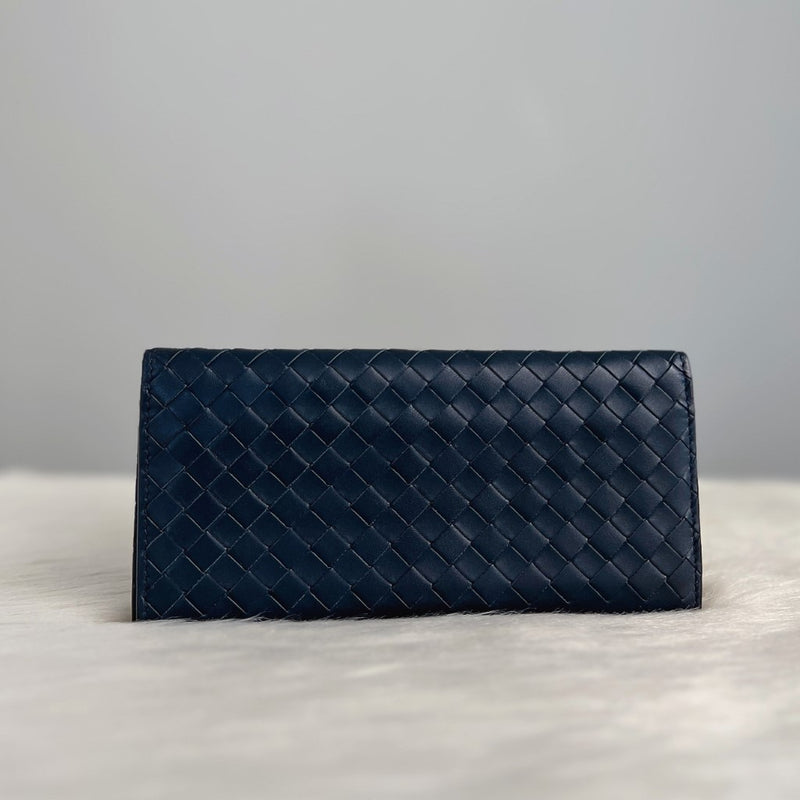 Bottega Veneta Navy Leather Intrecciato Fold Unisex Long Wallet Excellent