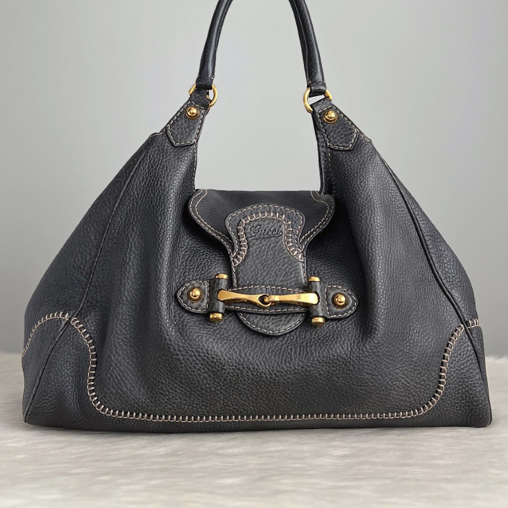 Gucci Charcoal Leather Signature Horsebit Large Shoulder Bag