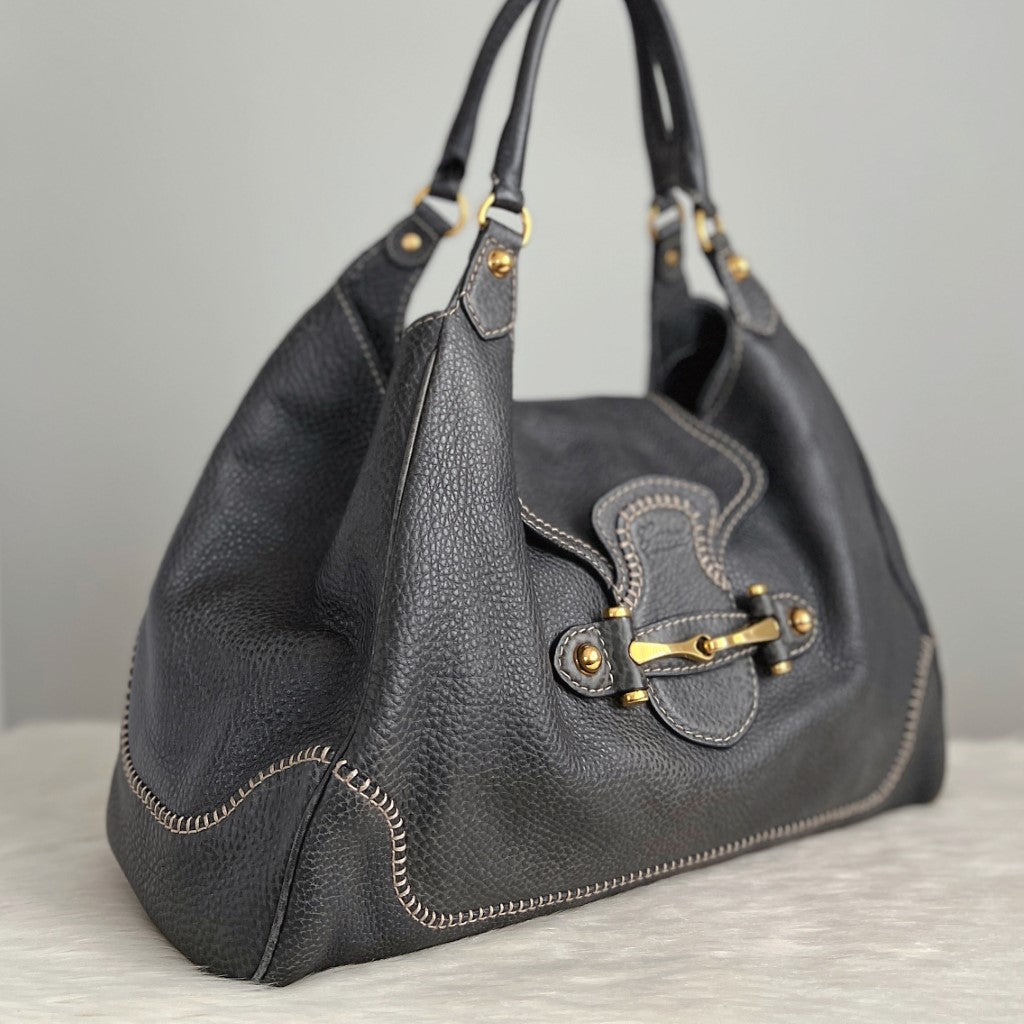 Gucci Charcoal Leather Signature Horsebit Large Shoulder Bag