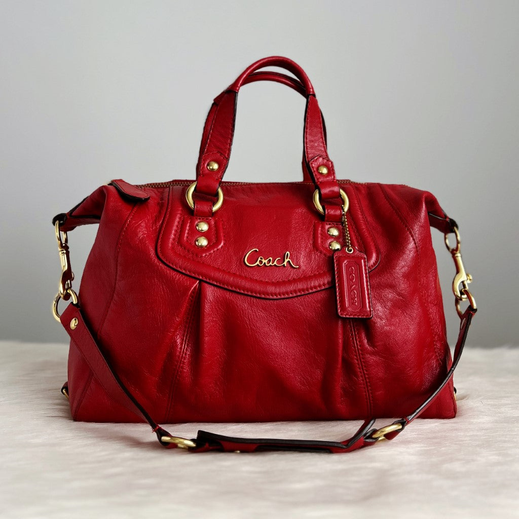 Coach Red Leather Front Logo Boston 2 Way Shoulder Bag