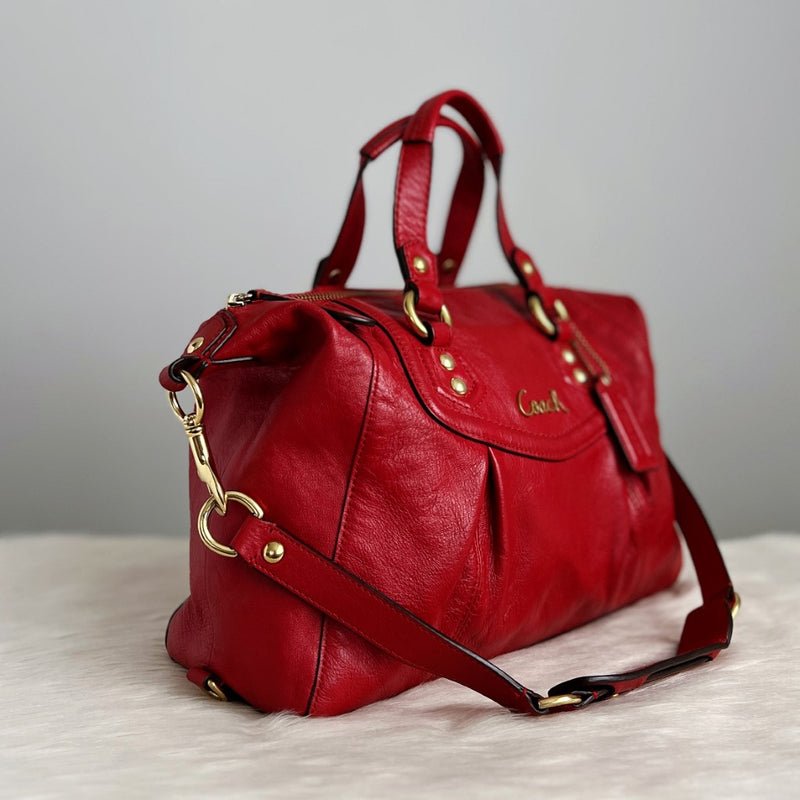 Coach Red Leather Front Logo Boston 2 Way Shoulder Bag