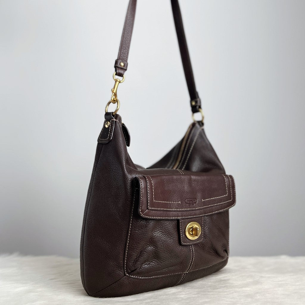 Coach Chocolate Leather Turn Lock Crossbody Shoulder Bag