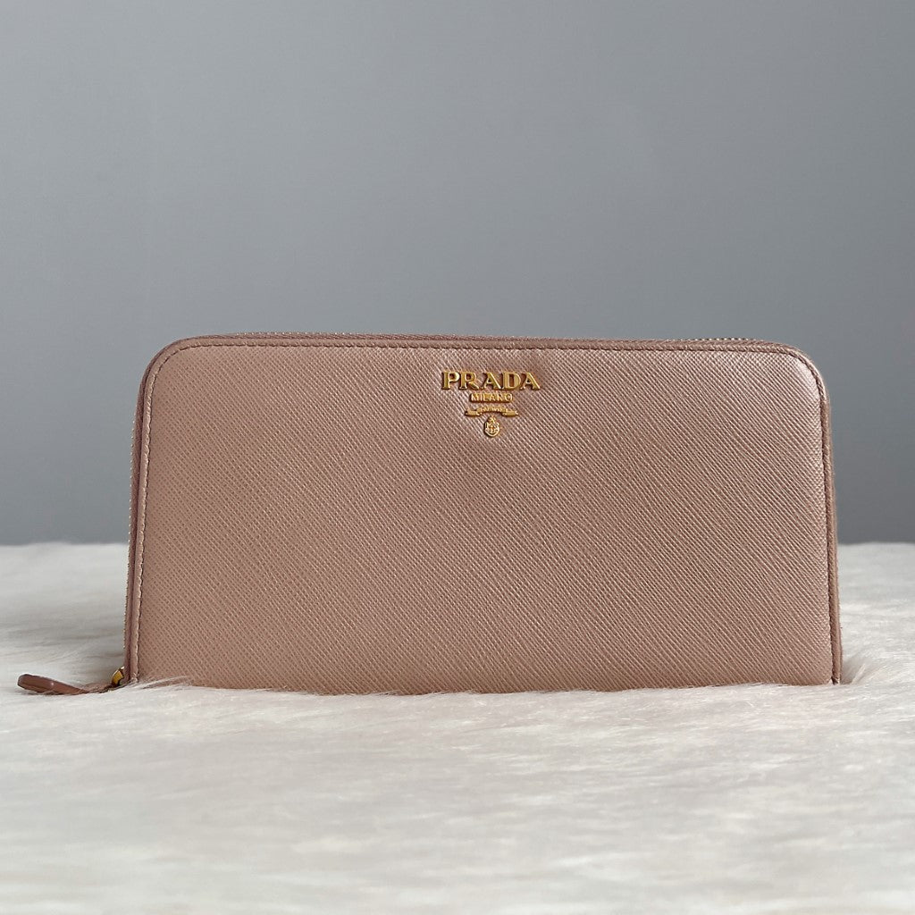 Prada Champagne Leather Front Logo Long Wallet