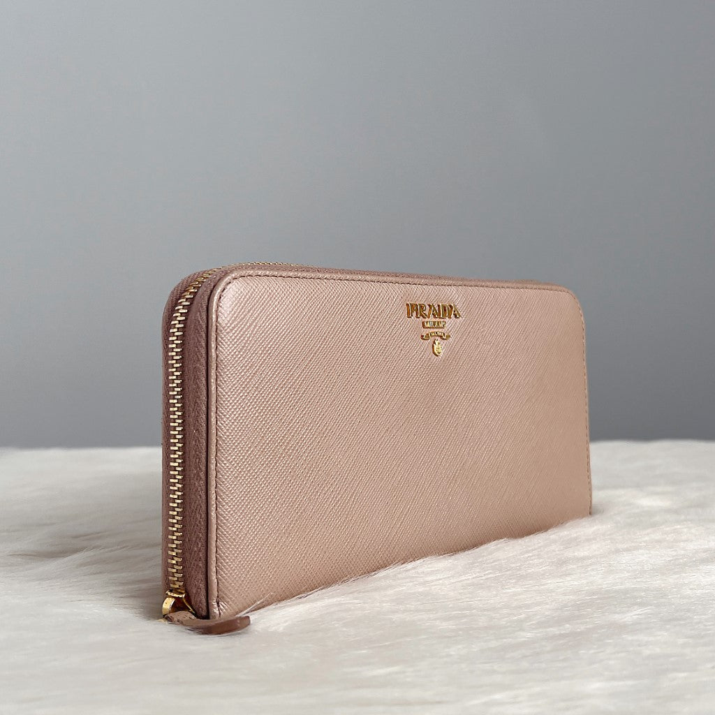 Prada Champagne Leather Front Logo Long Wallet