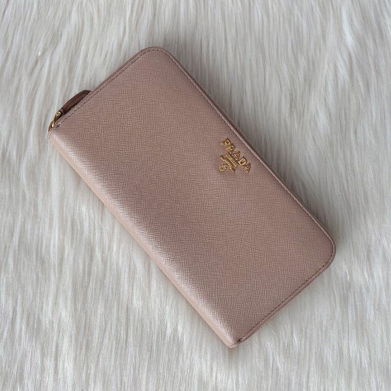 Prada Champagne Leather Front Logo Long Wallet