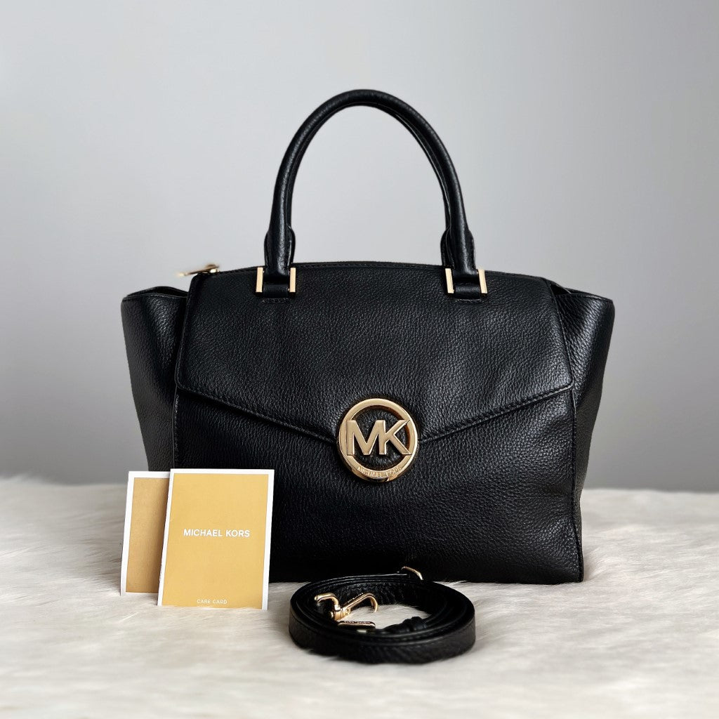 Michael Kors Black Leather Front Logo 2 Way Shoulder Bag