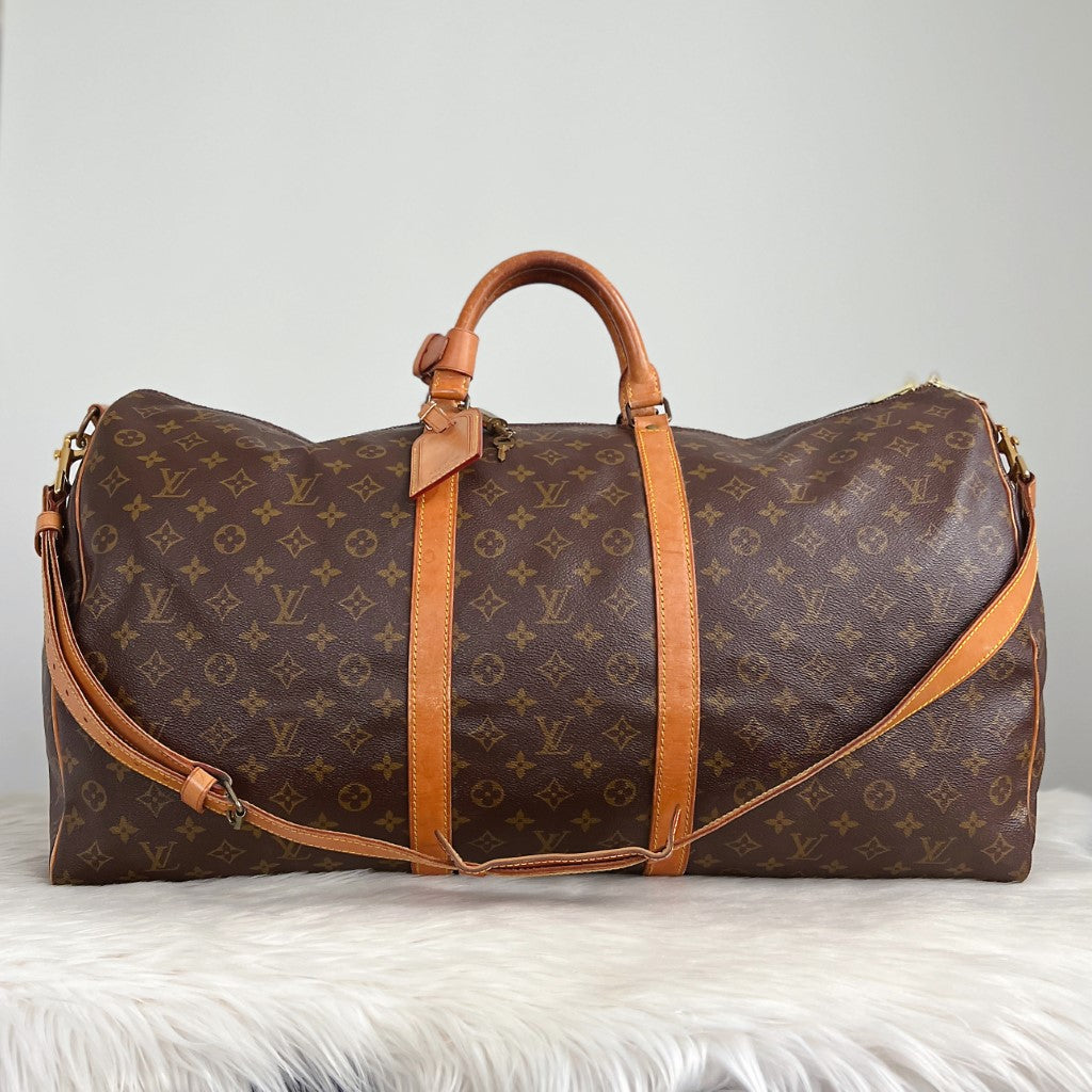 Louis Vuitton Signature Monogram Bandouliere Keepall 60 Travel Bag Full Set