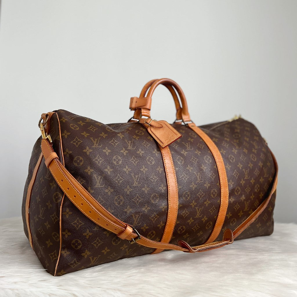 Louis Vuitton Signature Monogram Bandouliere Keepall 60 Travel Bag Full Set