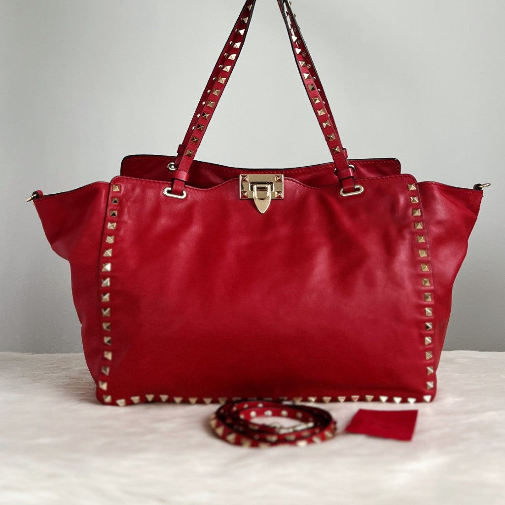 Valentino Signature Red Leather Rockstud Large 2 Way Shoulder Bag Excellent