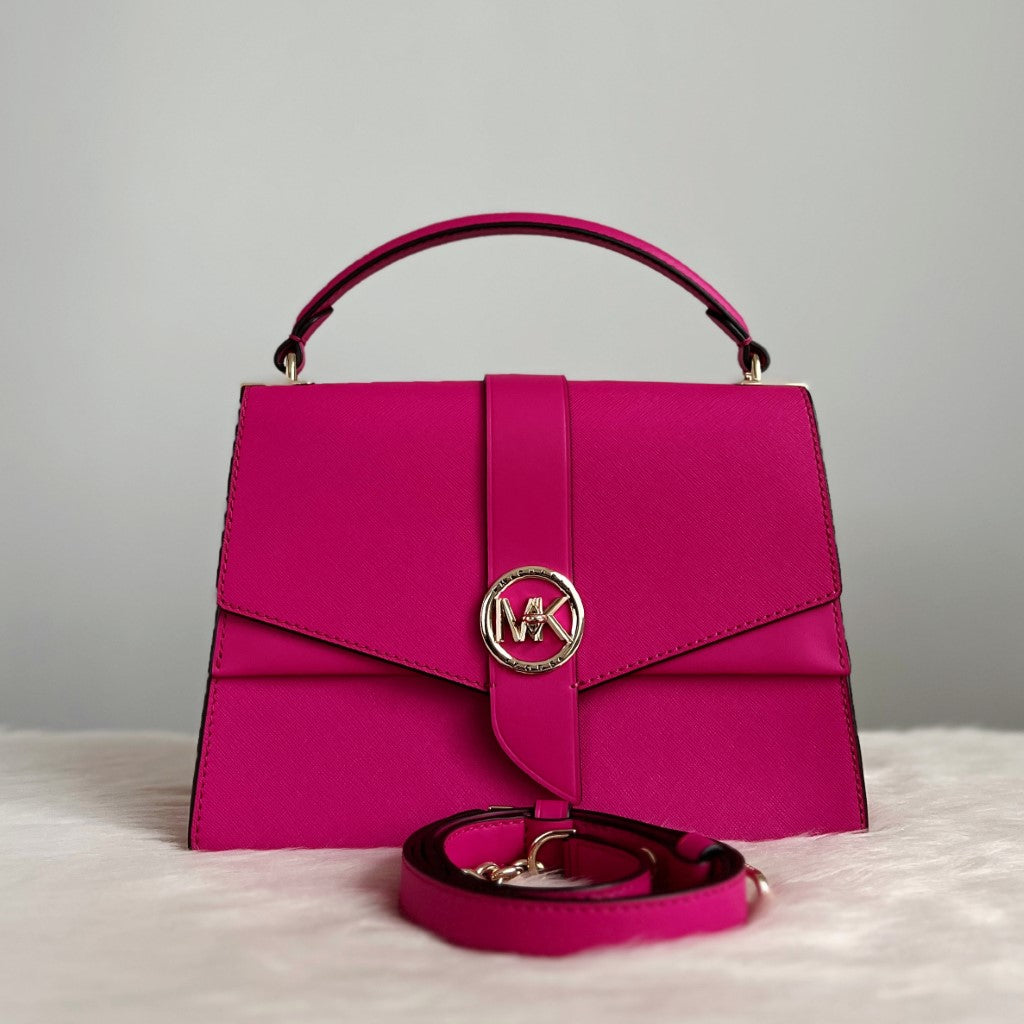 Michael Kors Fuchsia Leather Front Logo 2 Way Shoulder Bag Like New