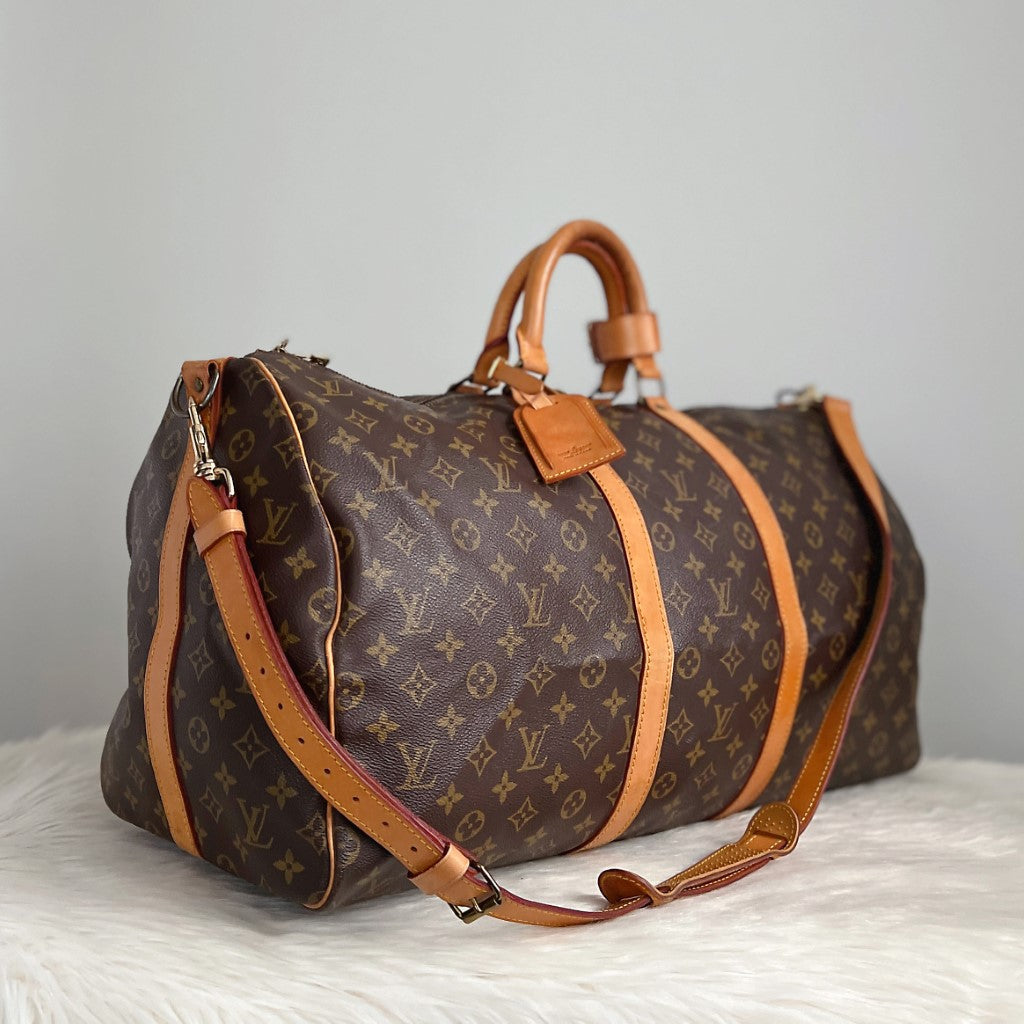 Louis Vuitton Signature Monogram Bandouliere Keepall 55 Travel Bag Full Set