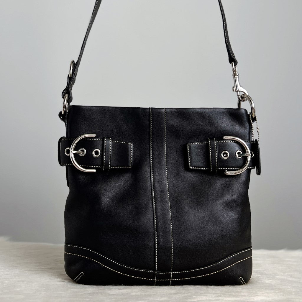 Coach Black Leather Buckle Detail Crossbody Shoulder Bag