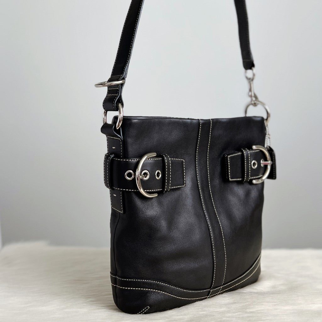 Coach Black Leather Buckle Detail Crossbody Shoulder Bag