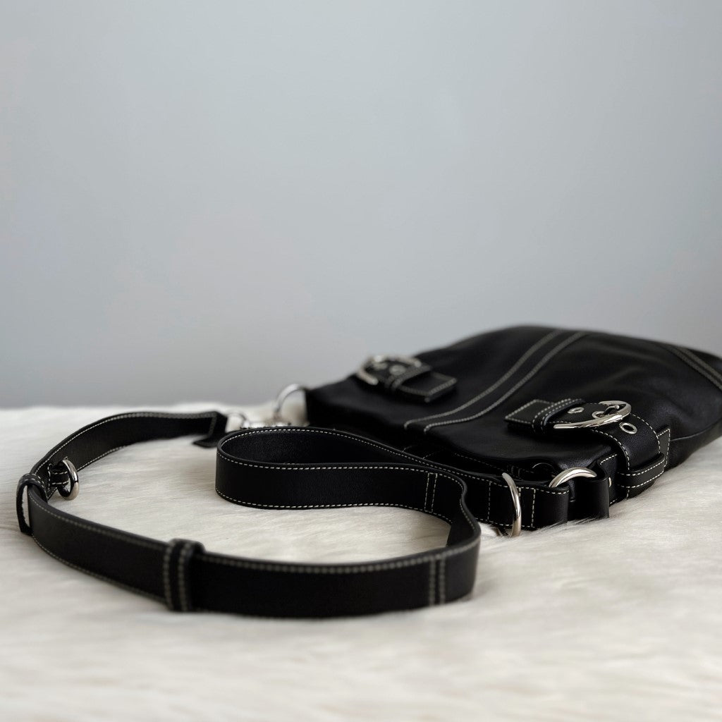 Coach Black Leather Buckle Detail Crossbody Shoulder Bag