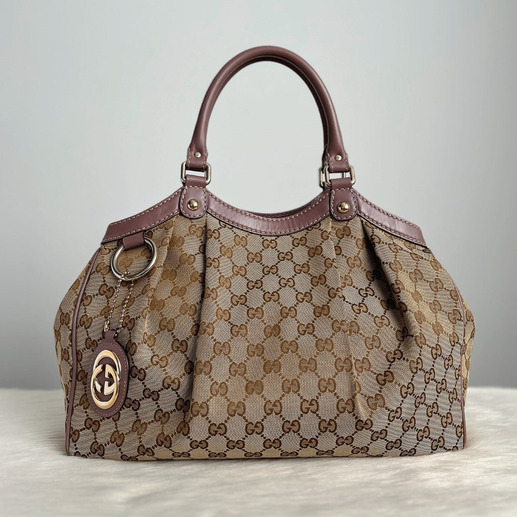 Gucci Signature Double G Lavender Leather Trim Shoulder Bag