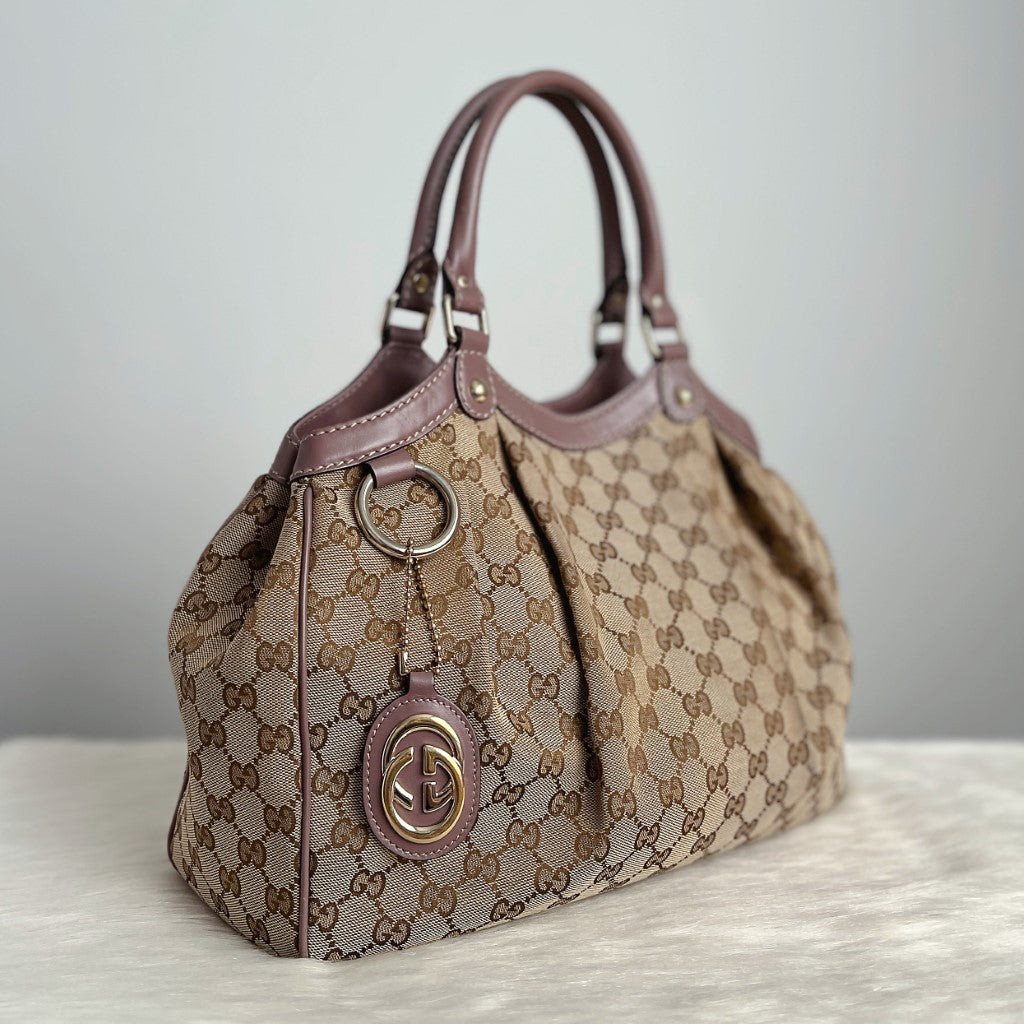 Gucci Signature Double G Lavender Leather Trim Shoulder Bag