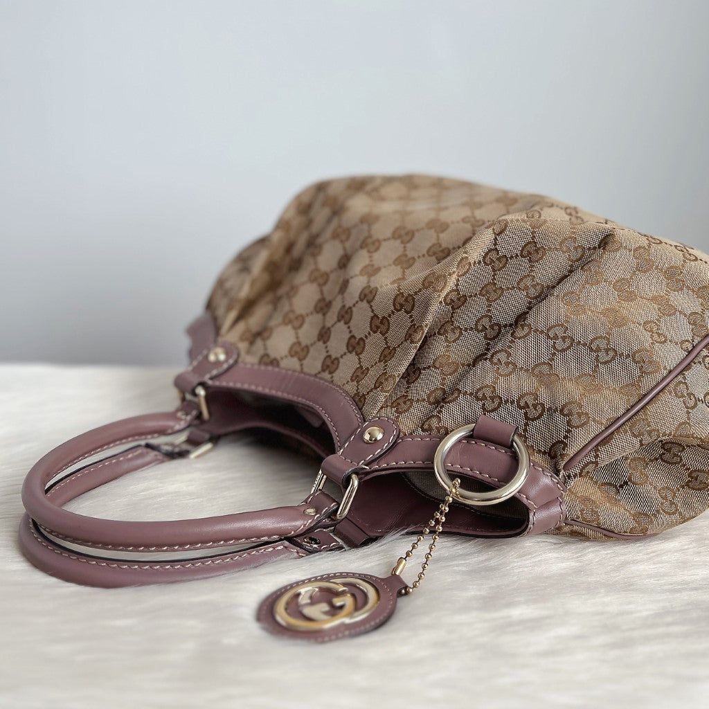 Gucci Signature Double G Lavender Leather Trim Shoulder Bag