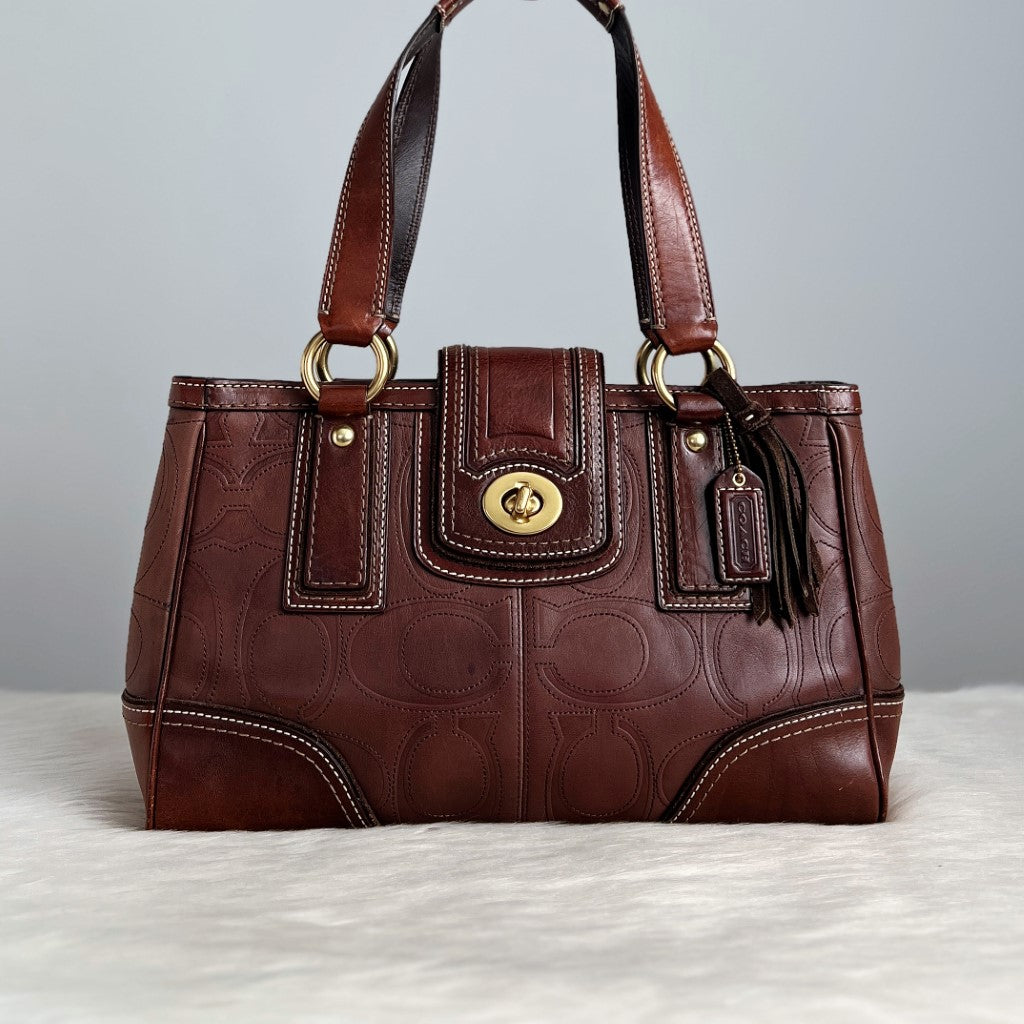 Coach Brown Leather Turn Lock Career Shoulder Bag