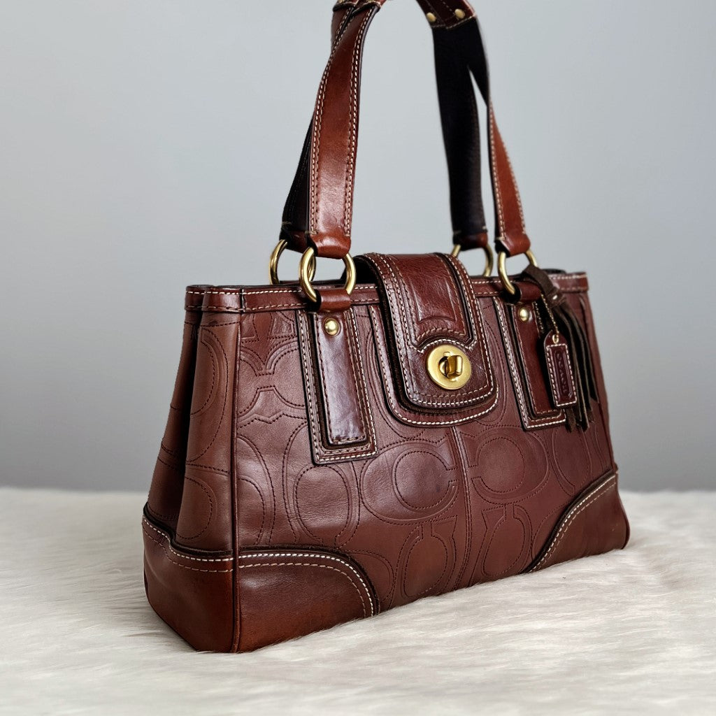 Coach Brown Leather Turn Lock Career Shoulder Bag