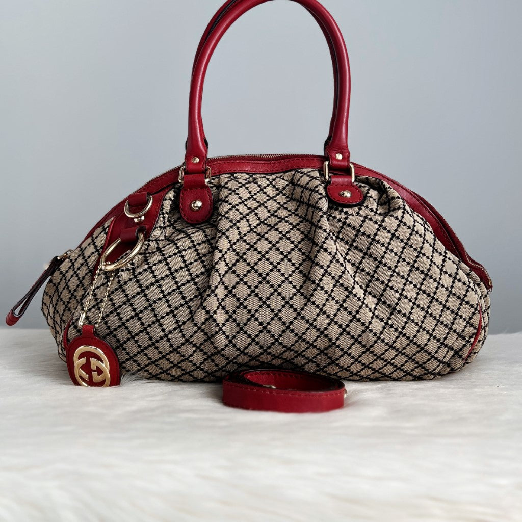 Gucci Signature Double G Maroon Leather Trim 2 Way Shoulder Bag