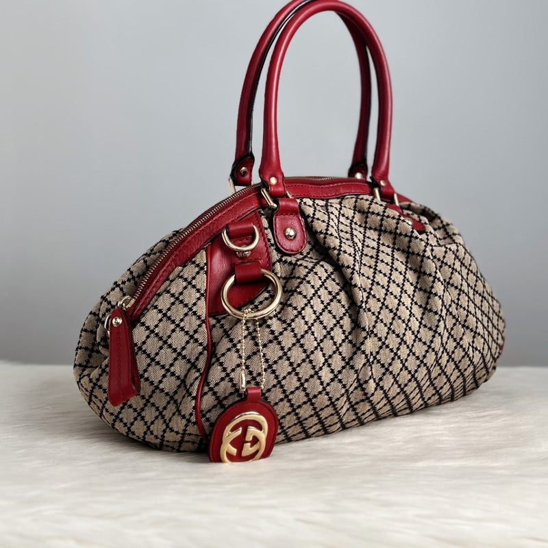 Gucci Signature Double G Maroon Leather Trim 2 Way Shoulder Bag