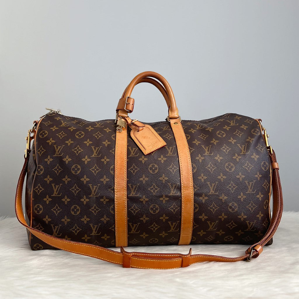 Louis Vuitton Signature Monogram Bandouliere Keepall 50 Travel Bag Full Set