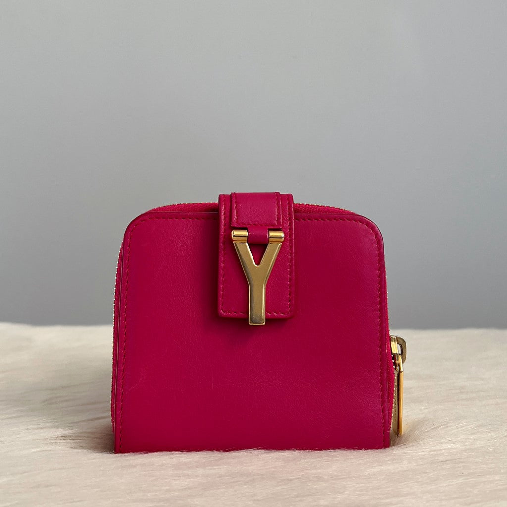 Saint Laurent YSL Fuchsia Leather Signature Y Short Wallet