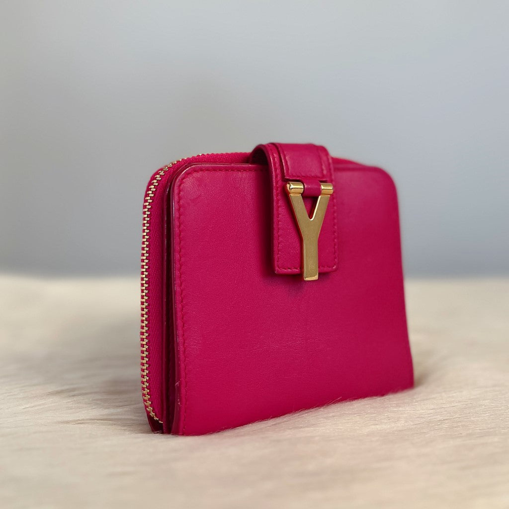 Saint Laurent YSL Fuchsia Leather Signature Y Short Wallet