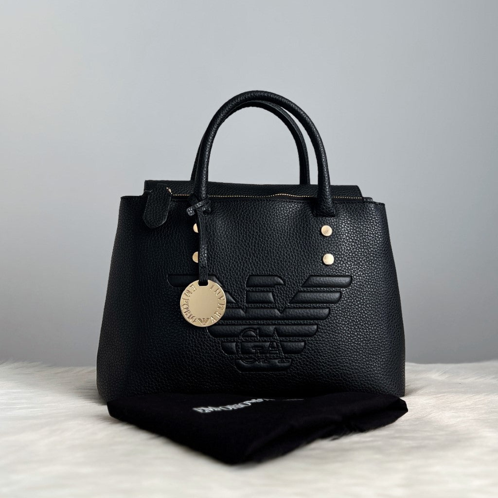 Emporio Armani Black Leather Charm Detail Tote Bag Like New