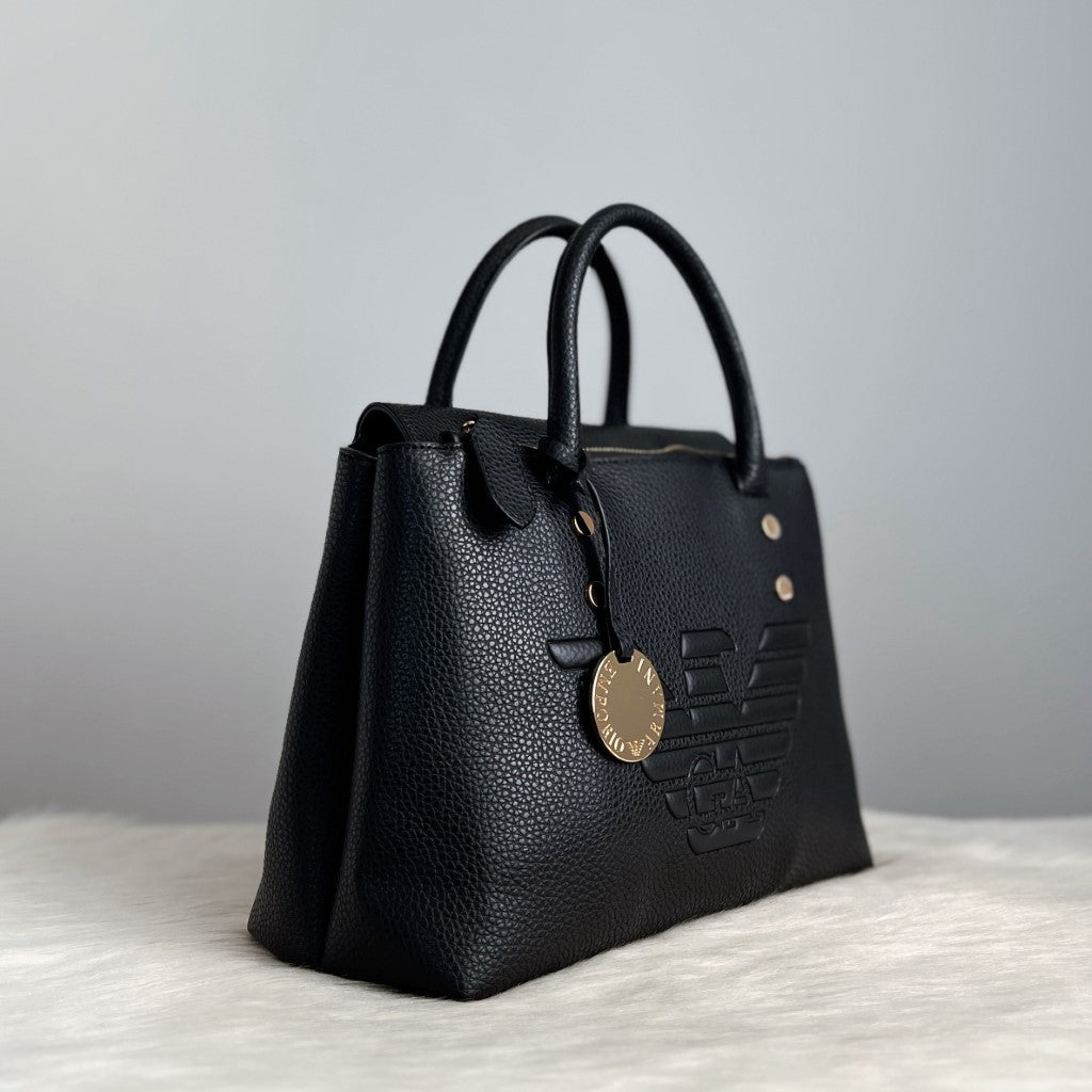 Emporio Armani Black Leather Charm Detail Tote Bag Like New